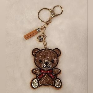 Brown Rhinestone Teddy Bear Keychain with Red Bow Bag Charm